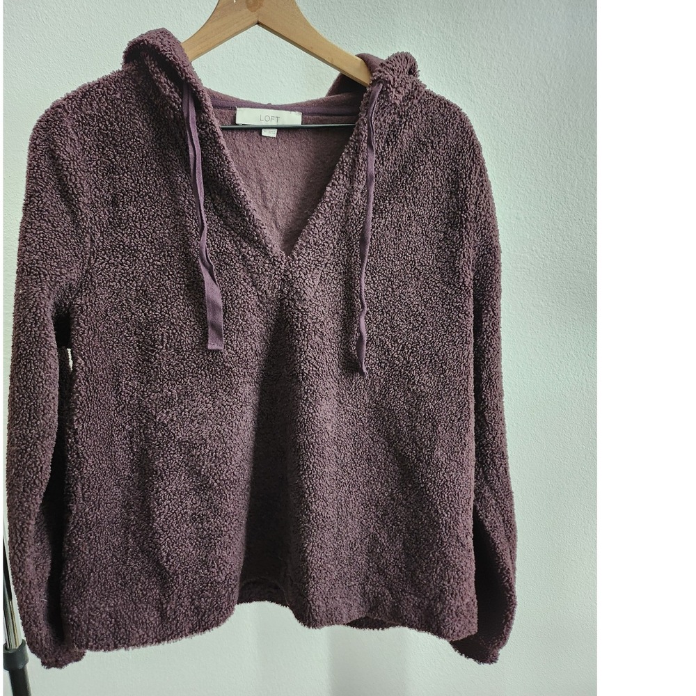 LOFT Plush Fuzzy Hooded Pullover Sweater Burgundy Size Medium